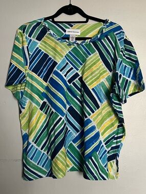 Alfred Dunner Geometric Print Top Blue Green XL Short Sleeve Casual Blouse Women